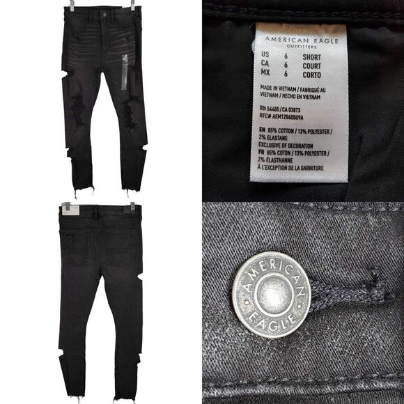 American Eagle Jeggings Women Size 6 Short 6P Black Distressed Super Hi-Rise New - Picture 1 of 15